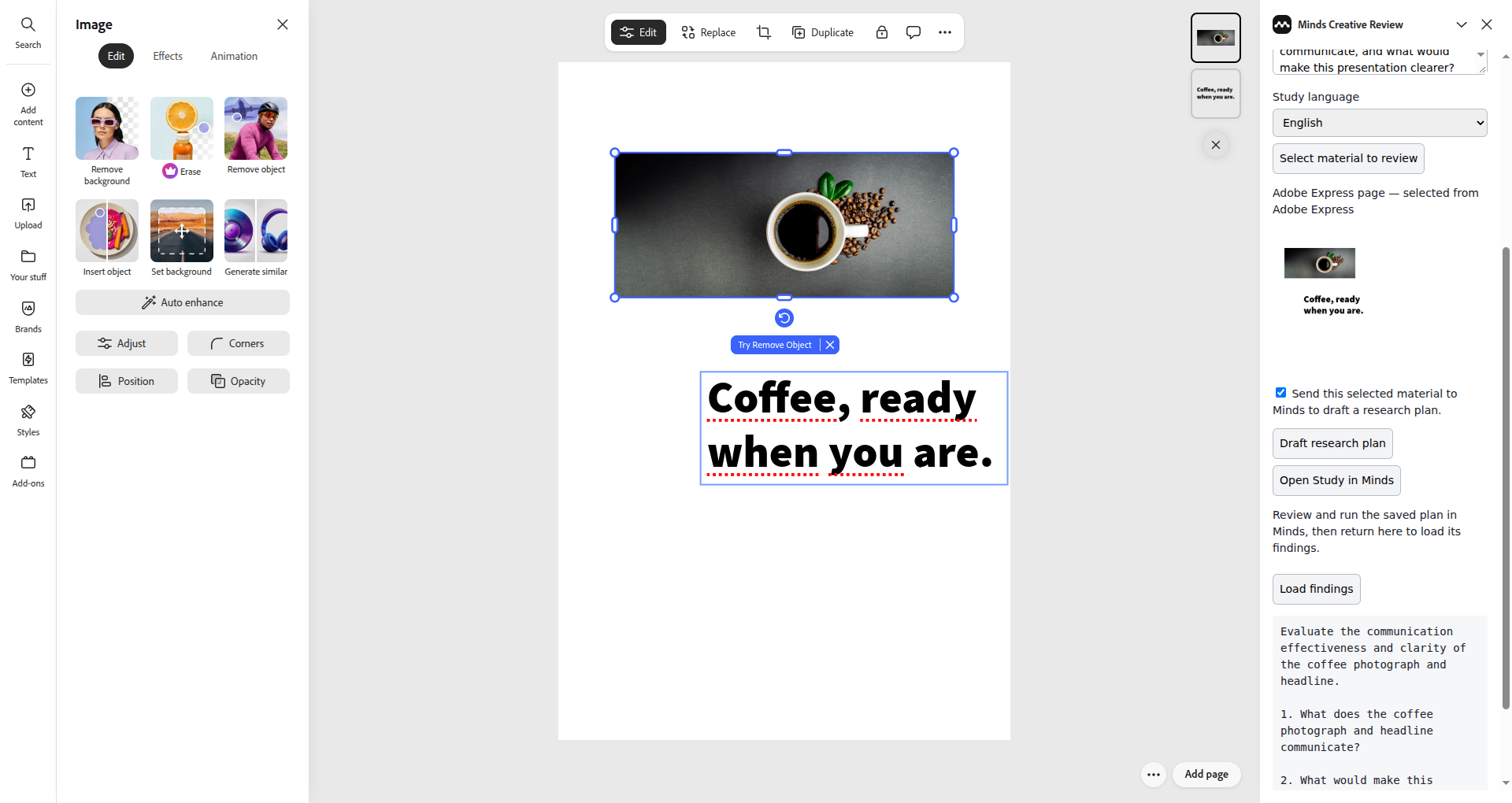 لوحة Adobe Express الأصلية تعرض صورة العنوان الرئيسية المصدرة والمسودة المحفوظة