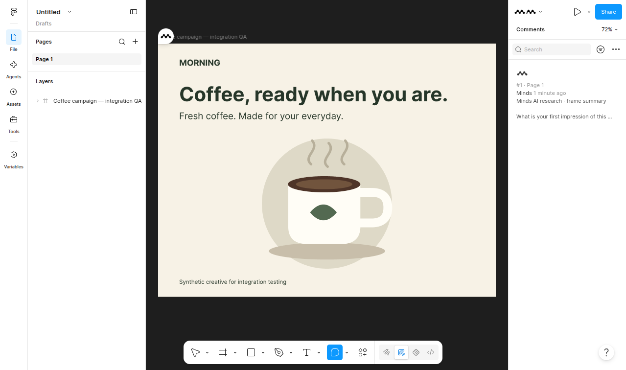 Véritable design de QA Figma avec un commentaire natif Minds de résumé de cadre