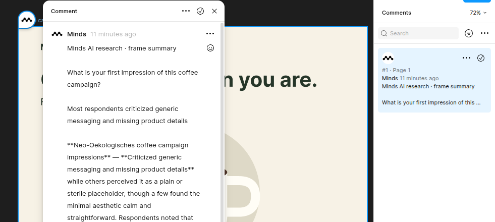 Commentaire Figma natif développé avec les retours de recherche Minds complétés