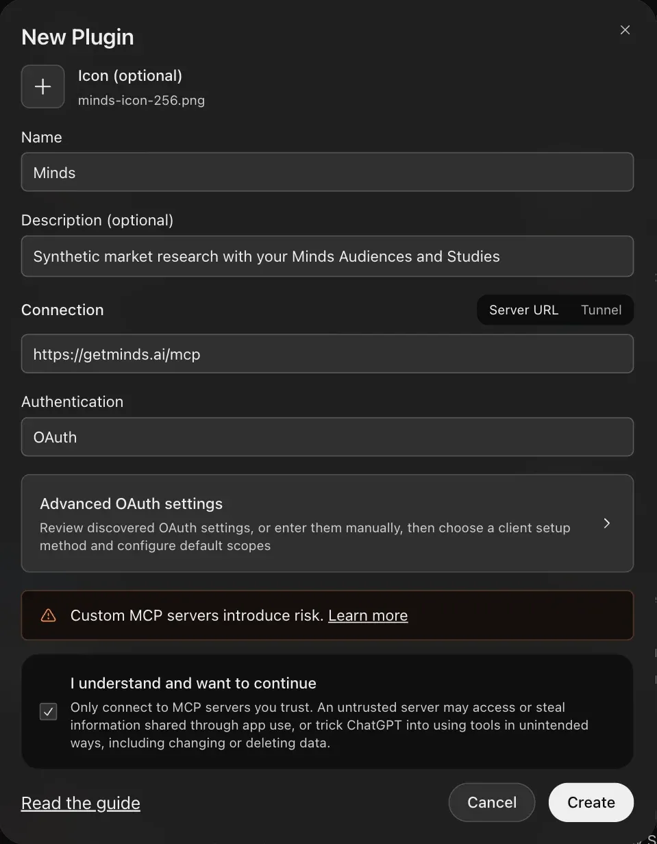The New Plugin form with name Minds, server URL https://getminds.ai/mcp and OAuth authentication