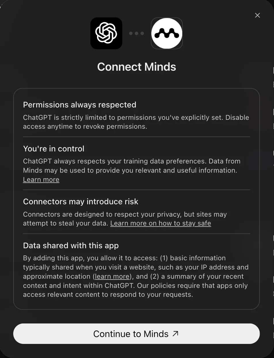 The Connect Minds dialog in ChatGPT with the Continue to Minds button