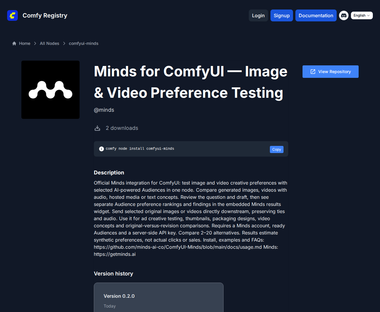 The public Comfy Registry listing with the official Minds logo, package name, installation command and description