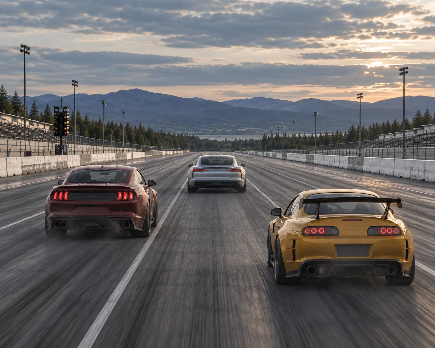 EV sports car racing two performance legends.: Muscle car