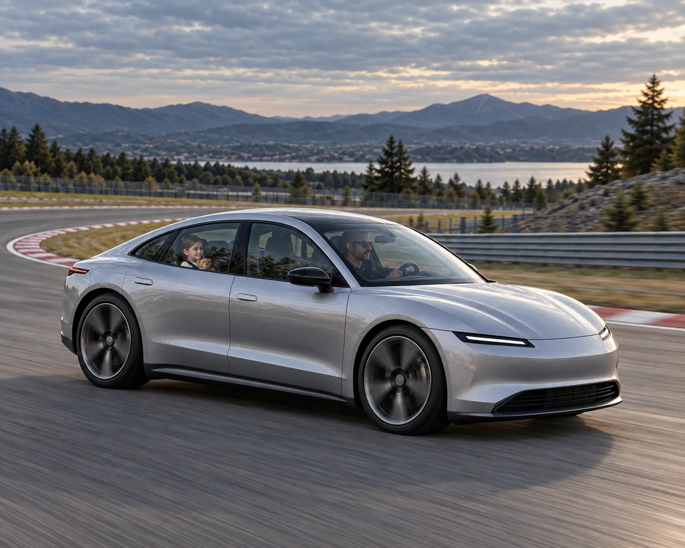 EV sports car on a racetrack with a child on board.: Racetrack