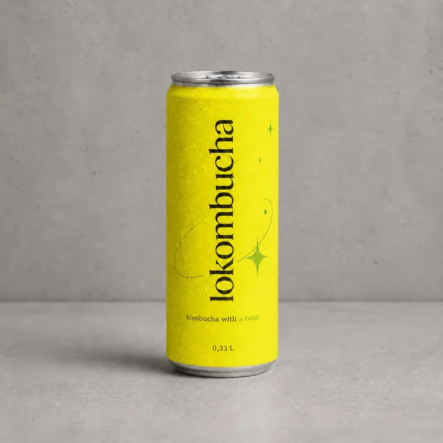 Yellow concept: Yellow kombucha can against a concrete background