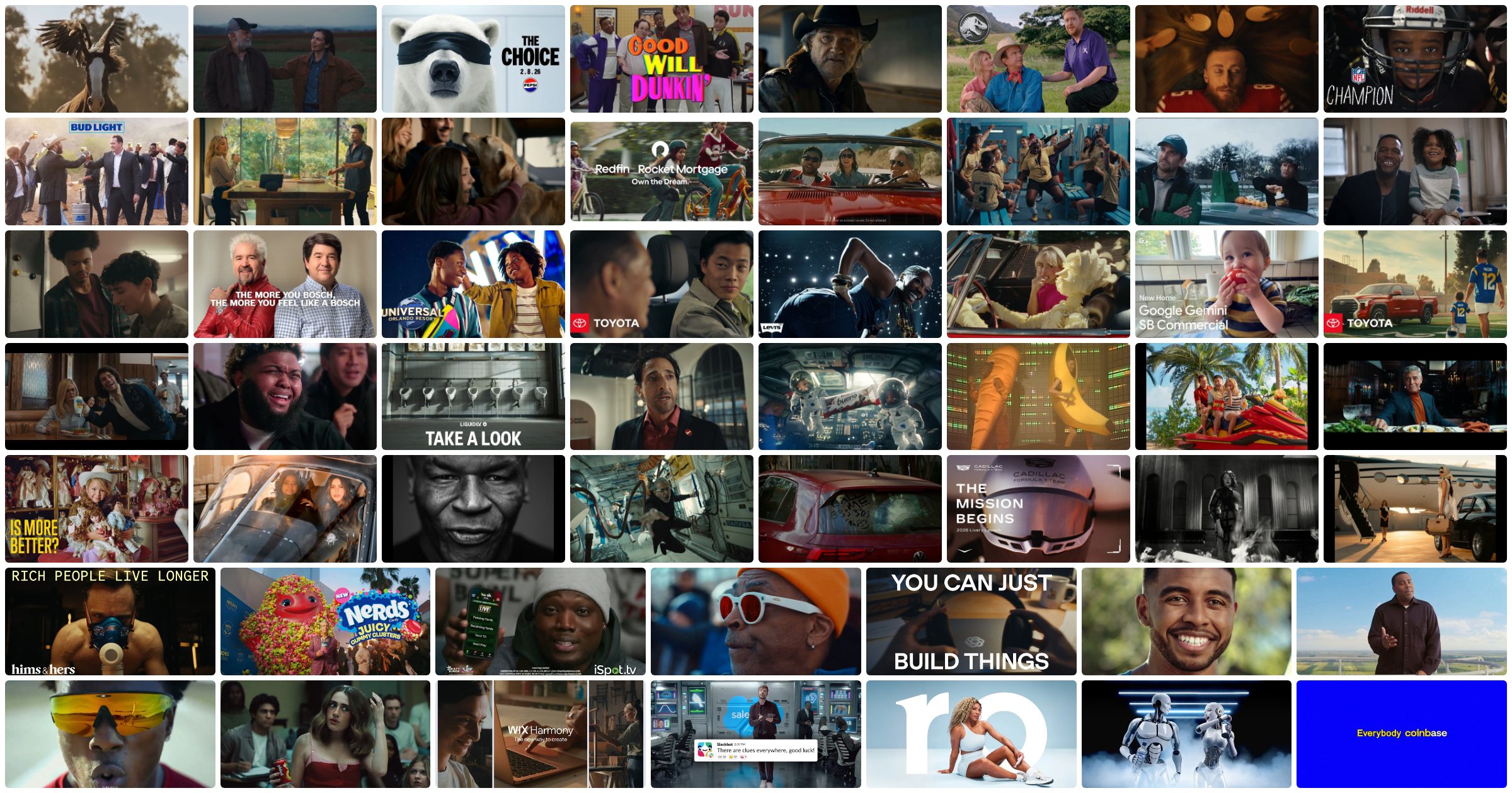 A contact sheet of stills from all 54 Super Bowl LX ads in the USA TODAY Ad Meter 2026, ordered by the human ranking.